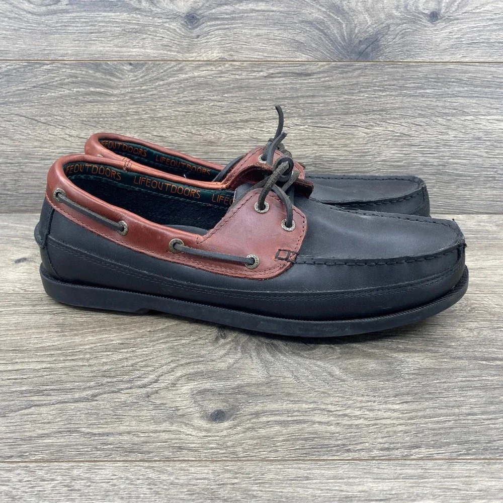 LifeOutdoors Boat Shoes Mens 11.5 D Black Brown Leather Nautical Loafers 607376